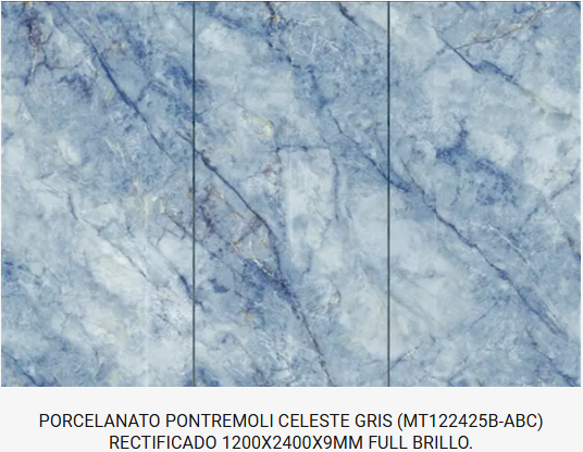 PORCELANATO PONTREMOLI CELESTE GRIS (MT122425B-ABC) RECTIFICADO 1200X2400X9MM FULL BRILLO.