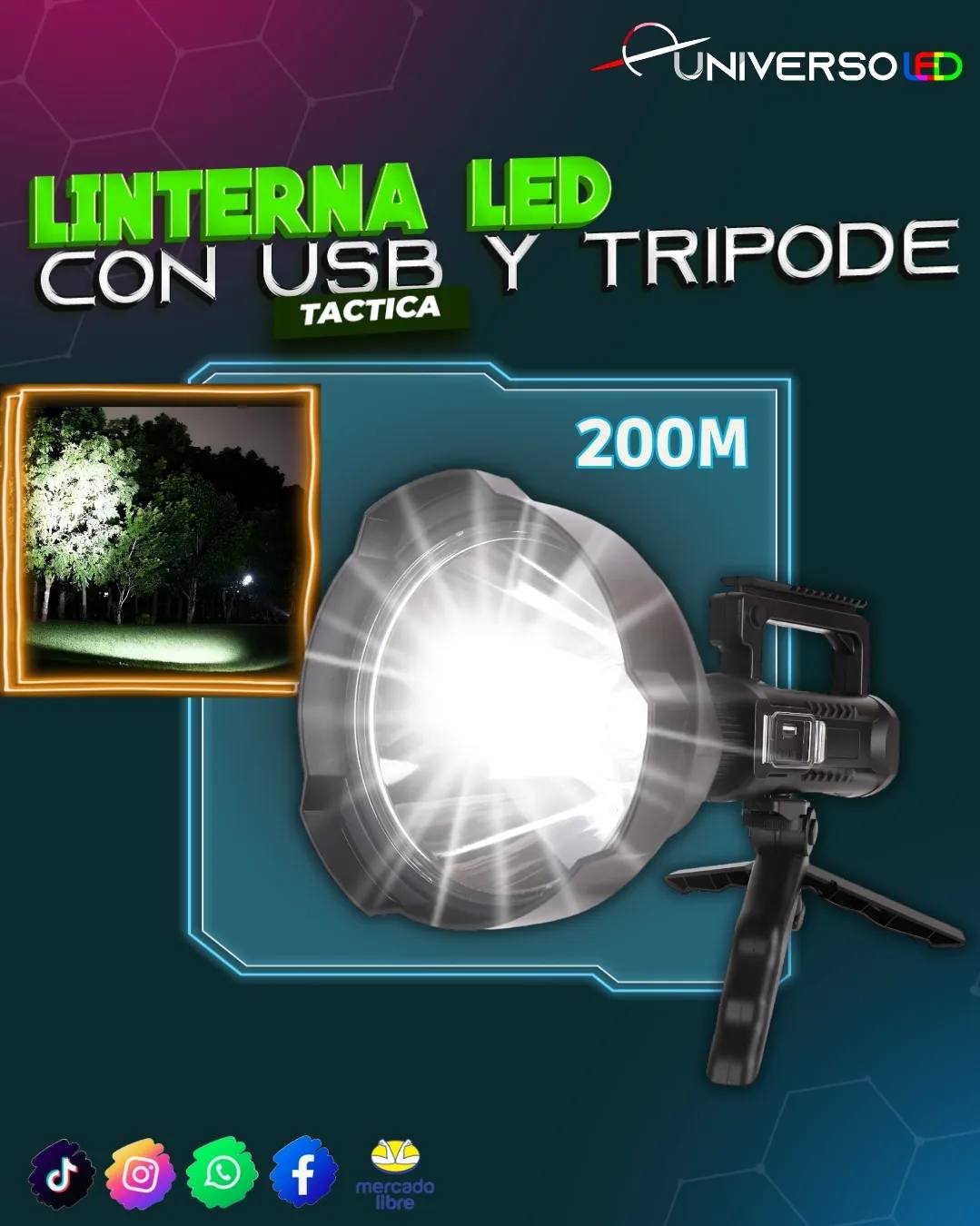 Linterna led potente con tripode tactica 200m