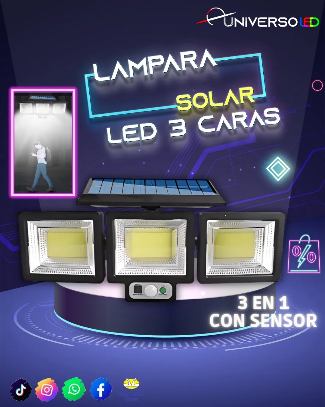 Lampara Solar led 3 caras impermeable con sensor de movimiento