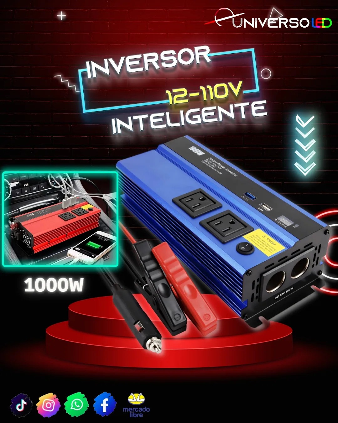 Inversor 1000w de Corriente profesional inteligente 12v-110v