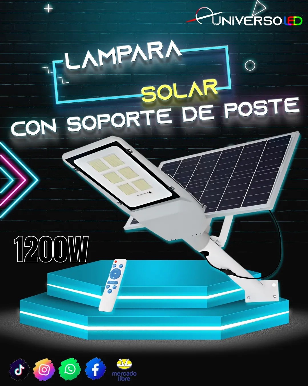 Lampara solar 1200w con soporte de poste alumbrado público