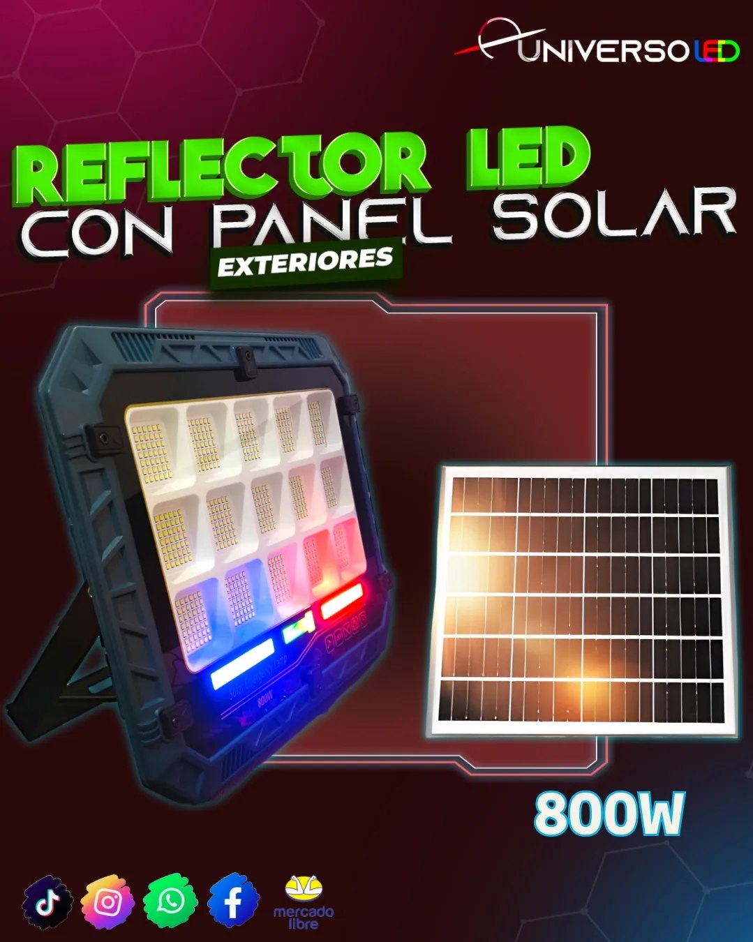 Reflector con Panel Solar 800w LED Exteriores