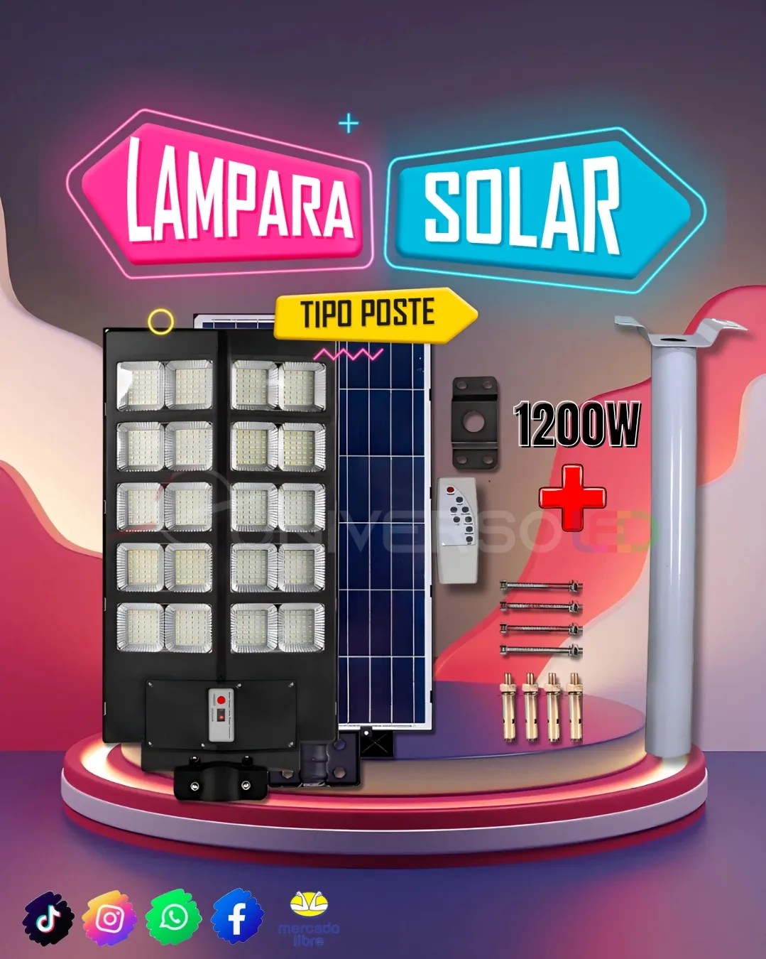 Lampara 1200w + TUBO tipo poste LED Alumbrado Publico Exterior