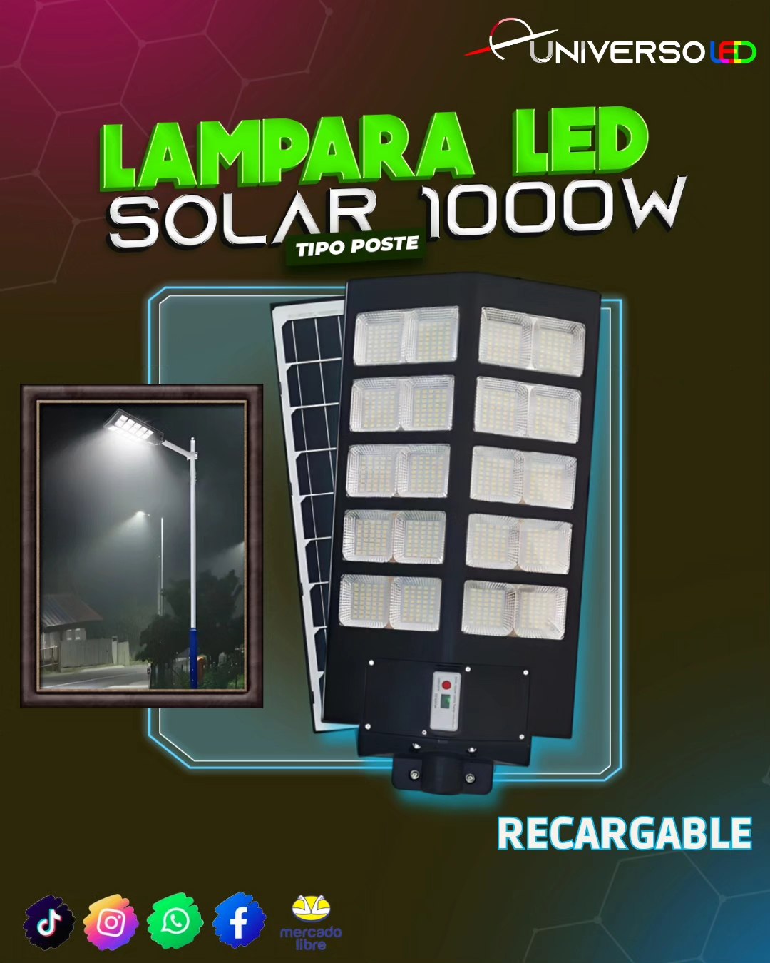 Lampara Solar LED 1000w para Poste