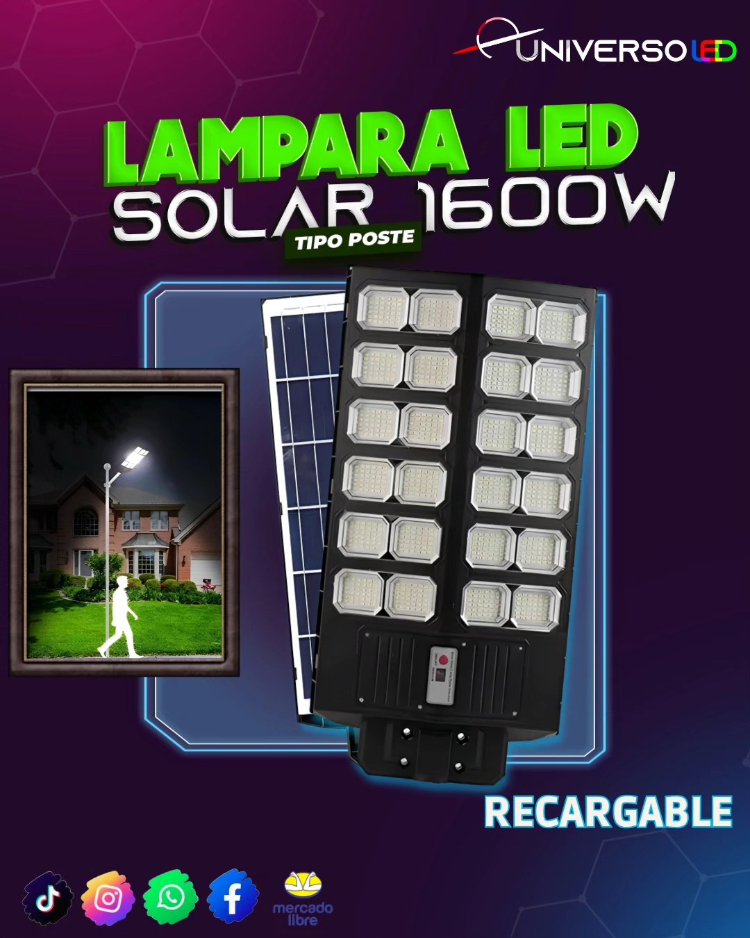 Lampara LED Solar tipo Poste 1600w Exterior potente Alumbrado publico 