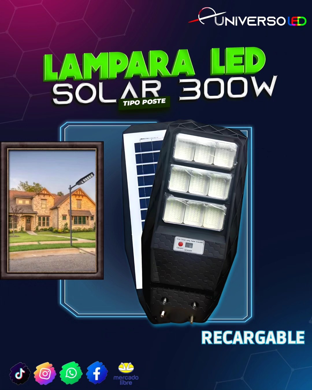 Lampara led solar 300w Poste alumbrado publico