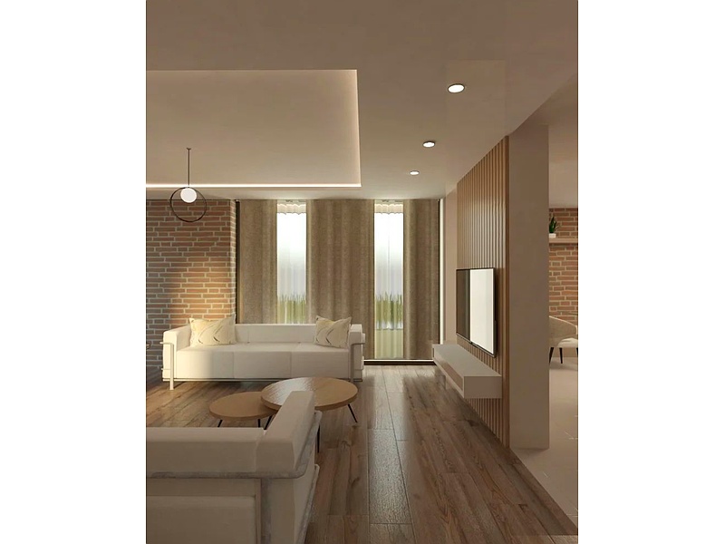 Diseño de sala beige contemporaneo Ecuador